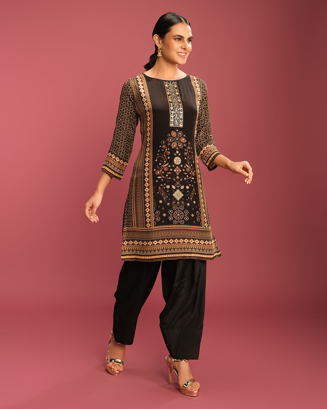 Black & Earthy Bandhej Printed Short Kurta With Pant Set