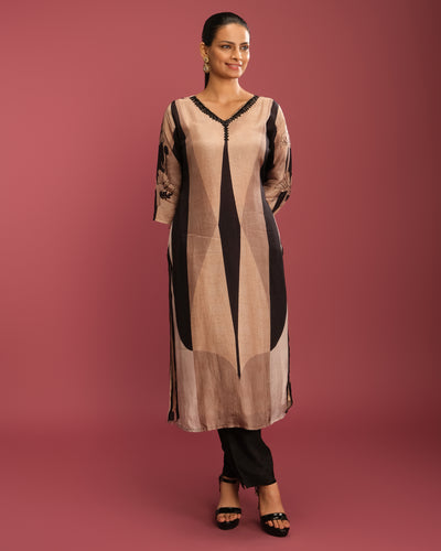 Black & Golden Beige Abstract Printed Blended Silk Kurta Set