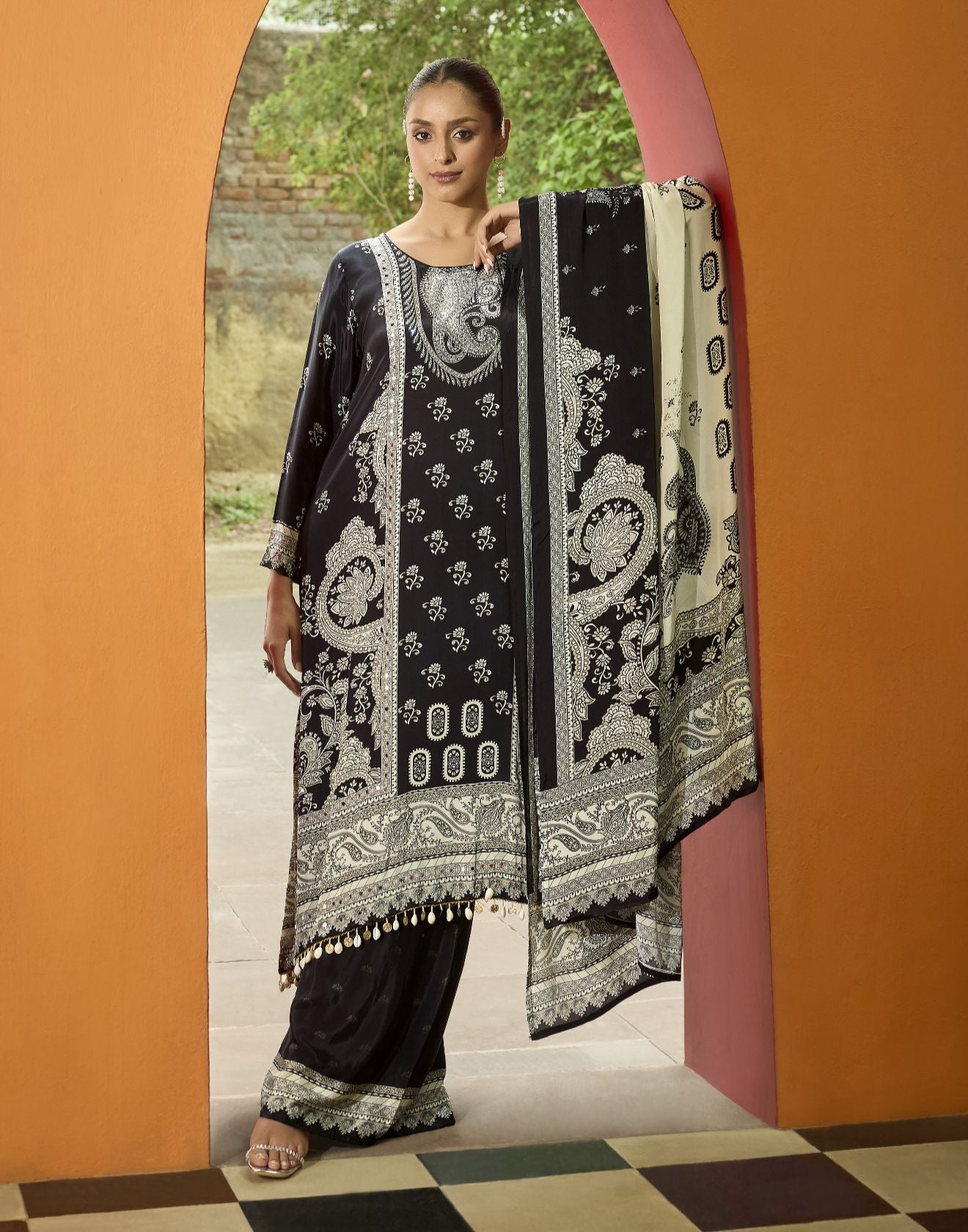 Black & Off-White Festive Kurta Palazzo Set
