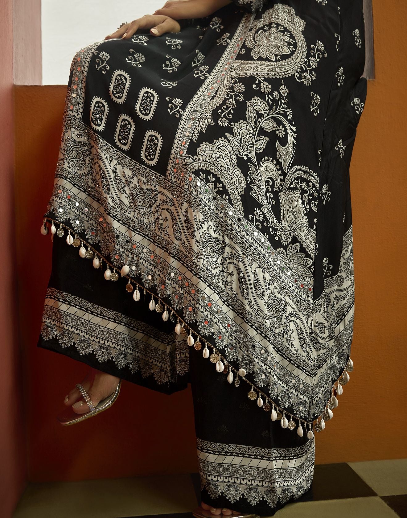 Black & Off-White Festive Kurta Palazzo Set