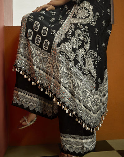Black & Off-White Festive Kurta Palazzo Set