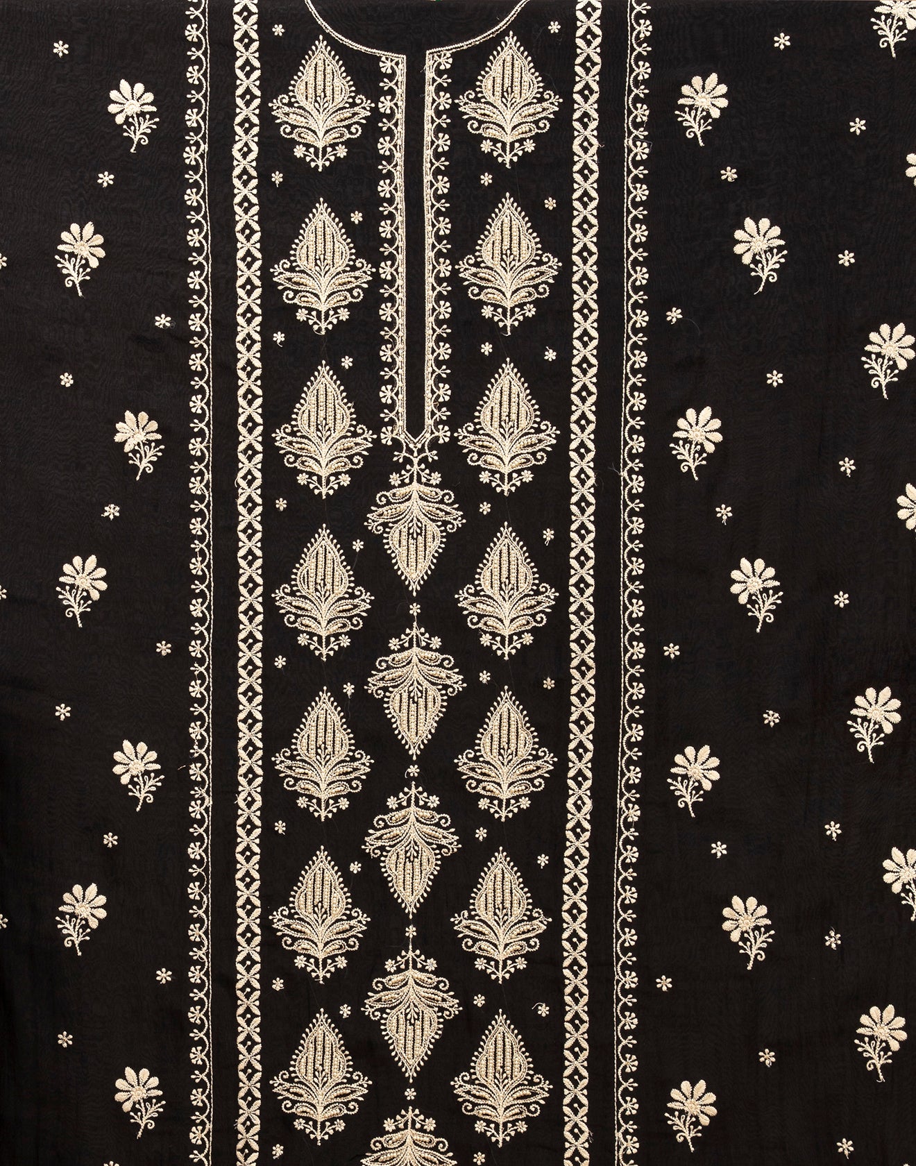 Black With Golden Beige Thread Embroidered Blended Silk Unstitched Suit Set