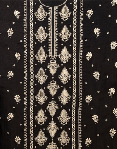 Black With Golden Beige Thread Embroidered Blended Silk Unstitched Suit Set