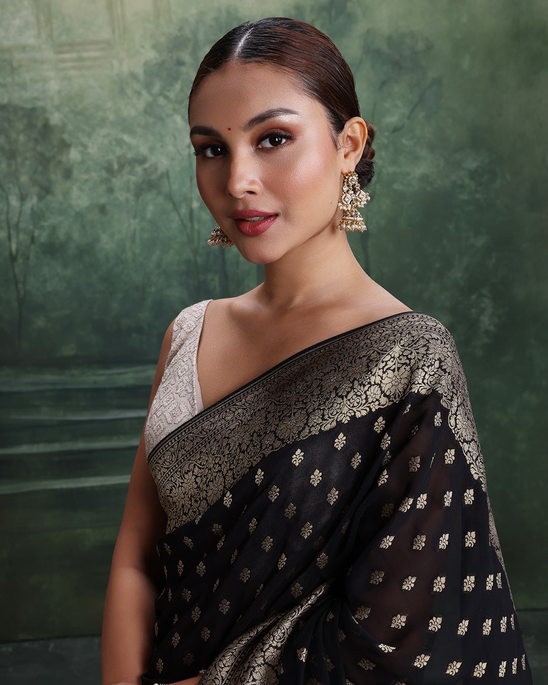 Black With Golden Dainty Buttis Georgette Saree With Unstitched Blouse Fabric