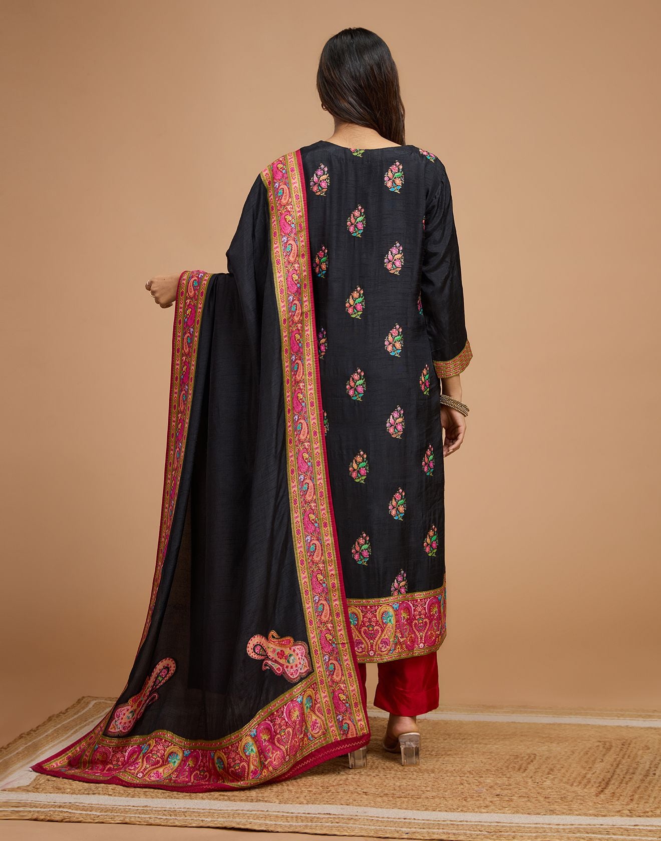 Black With Multicolor Weave Blended Silk Unstitched Suit Set