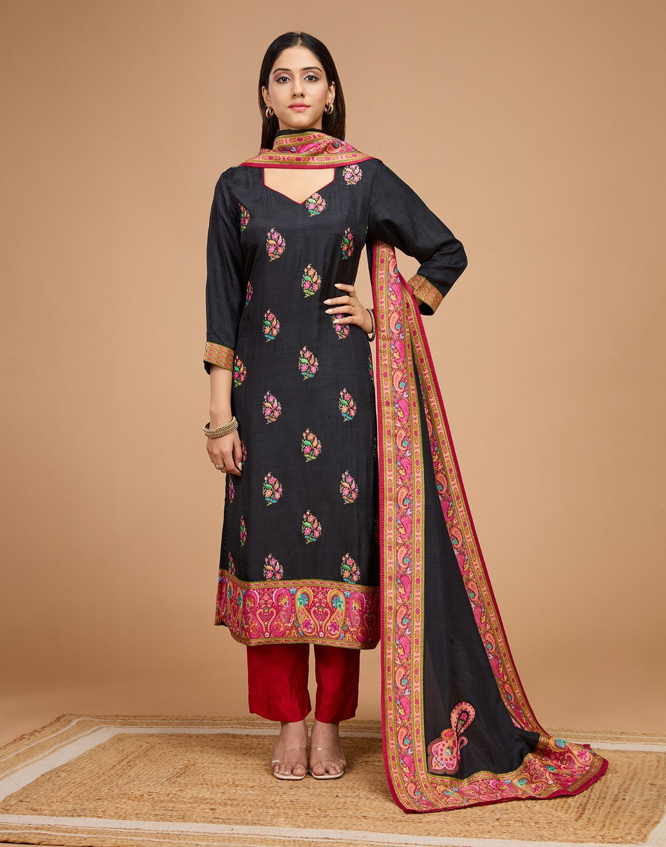Black With Multicolor Weave Blended Silk Unstitched Suit Set