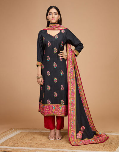 Black With Multicolor Weave Blended Silk Unstitched Suit Set