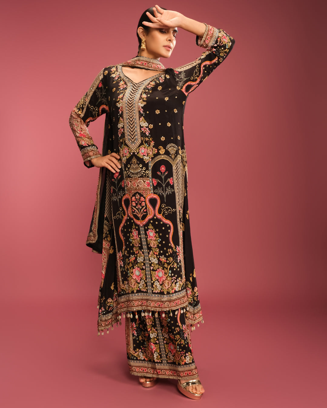 Black With Vibrant Multicolor Festive Kurta Palazzo Set
