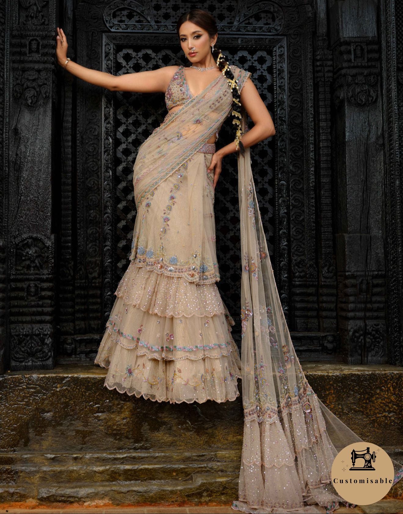 Blazé Copper Embellished Layered Cocktail Stitched Saree
