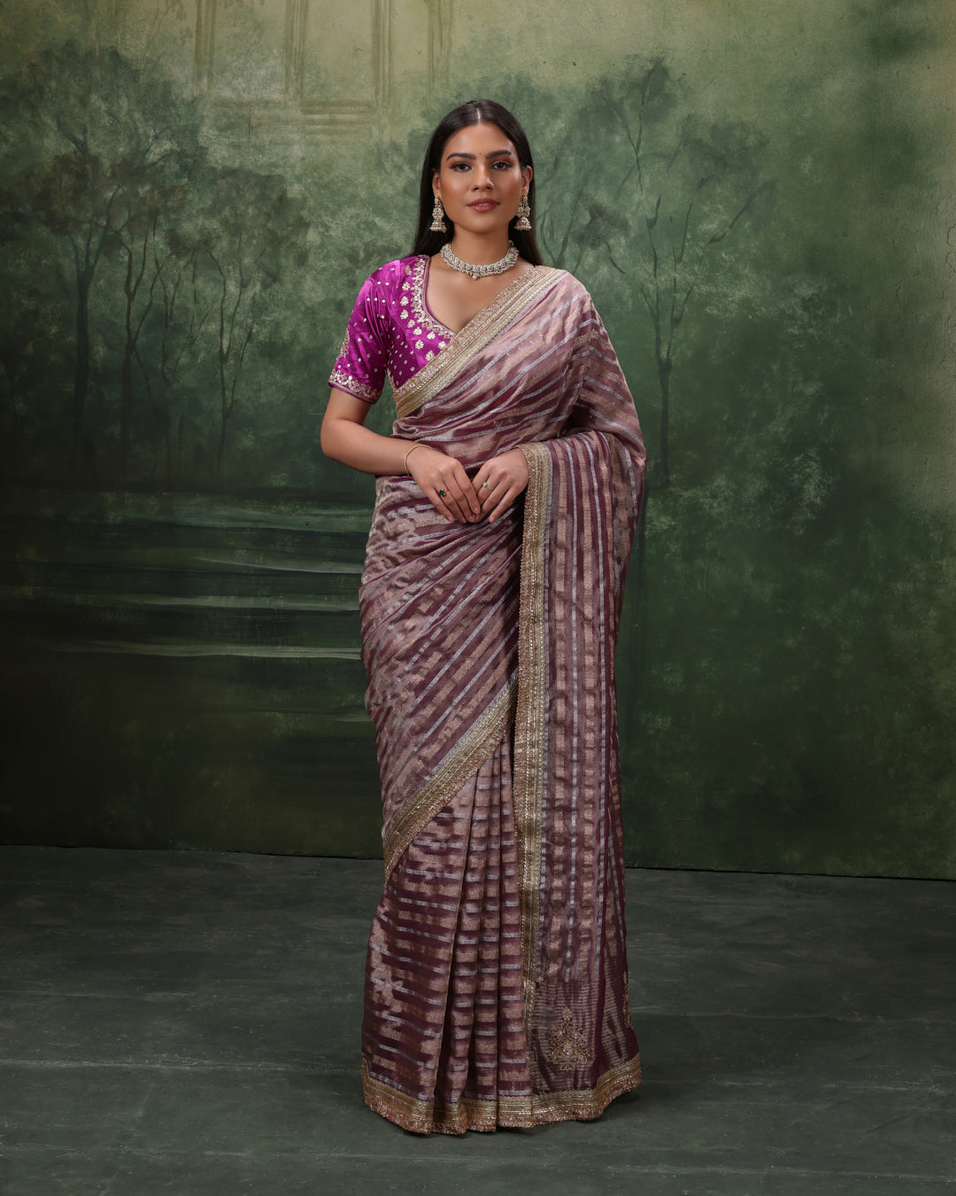 Bloom Orchid Shimemr Organza Saree With Stitched Blouse