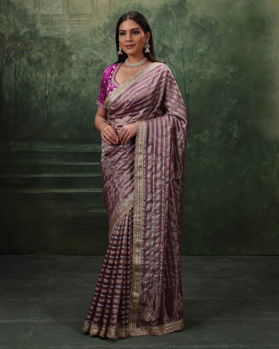 Bloom Orchid Shimemr Organza Saree With Stitched Blouse