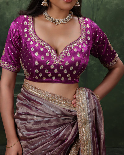 Bloom Orchid Shimemr Organza Saree With Stitched Blouse