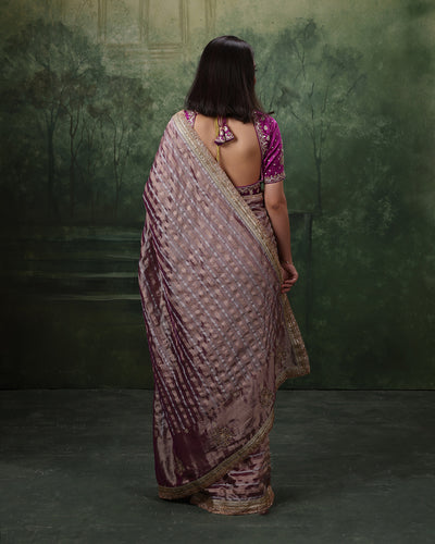 Bloom Orchid Shimemr Organza Saree With Stitched Blouse