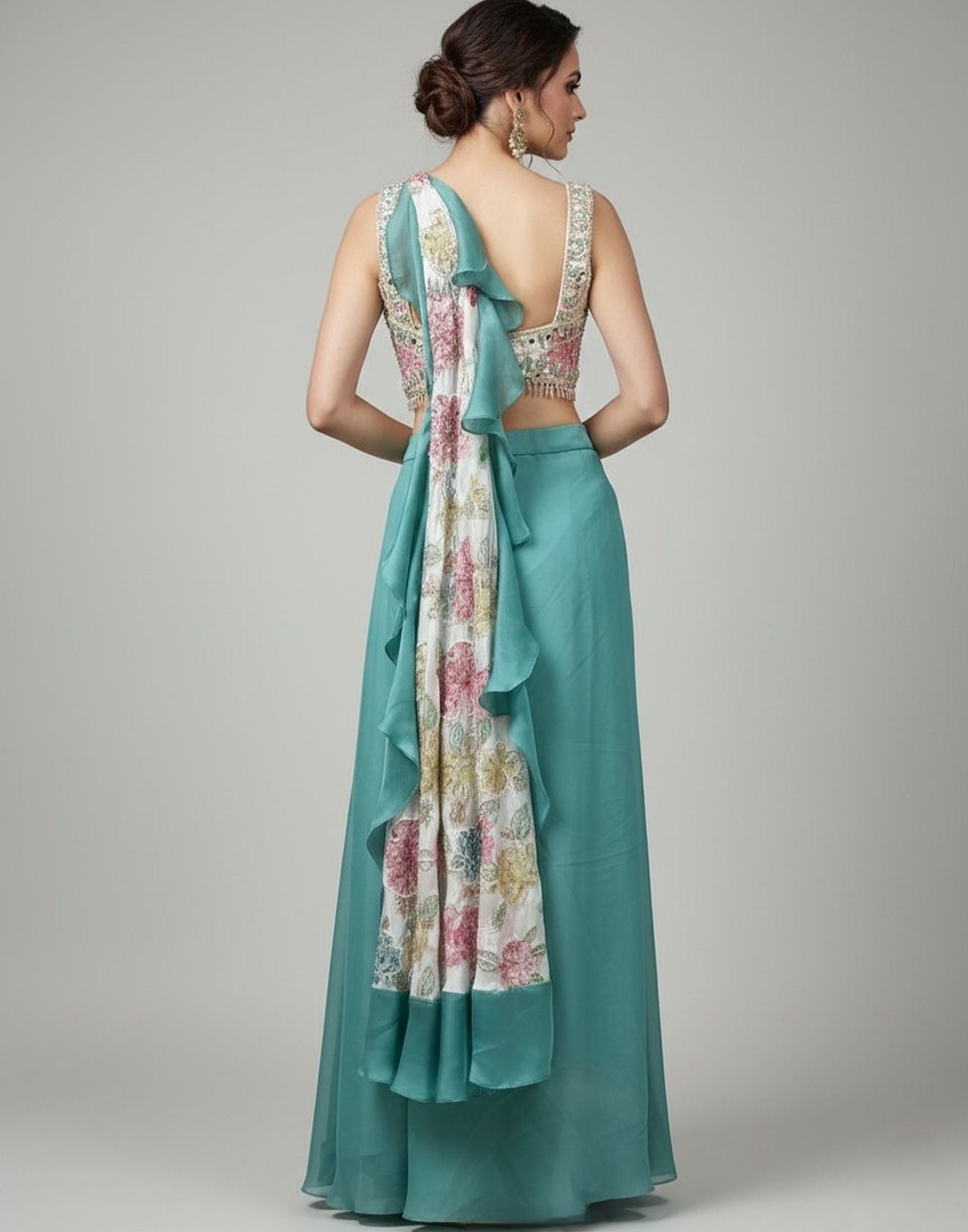 Blooming Garden With Sea Green Drape Pre-Stitched Saree