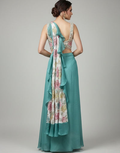 Blooming Garden With Sea Green Drape Pre-Stitched Saree