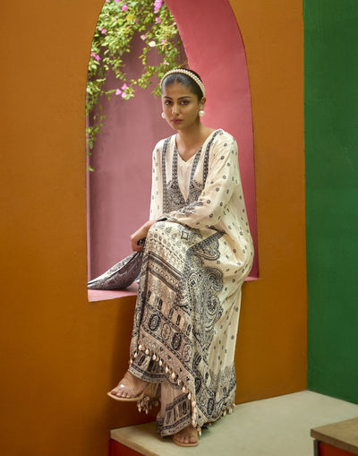 Blushed Ivory Mughal Printed Pure Crepe Festive Kurta Set