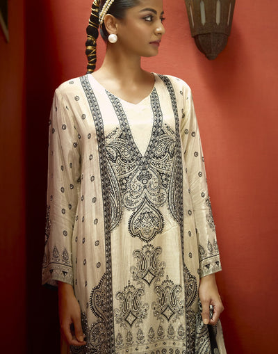Blushed Ivory Mughal Printed Pure Crepe Festive Kurta Set