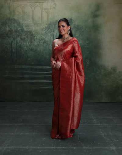 Brick Maroon Dola Silk Saree With Unstitched Blouse Fabric