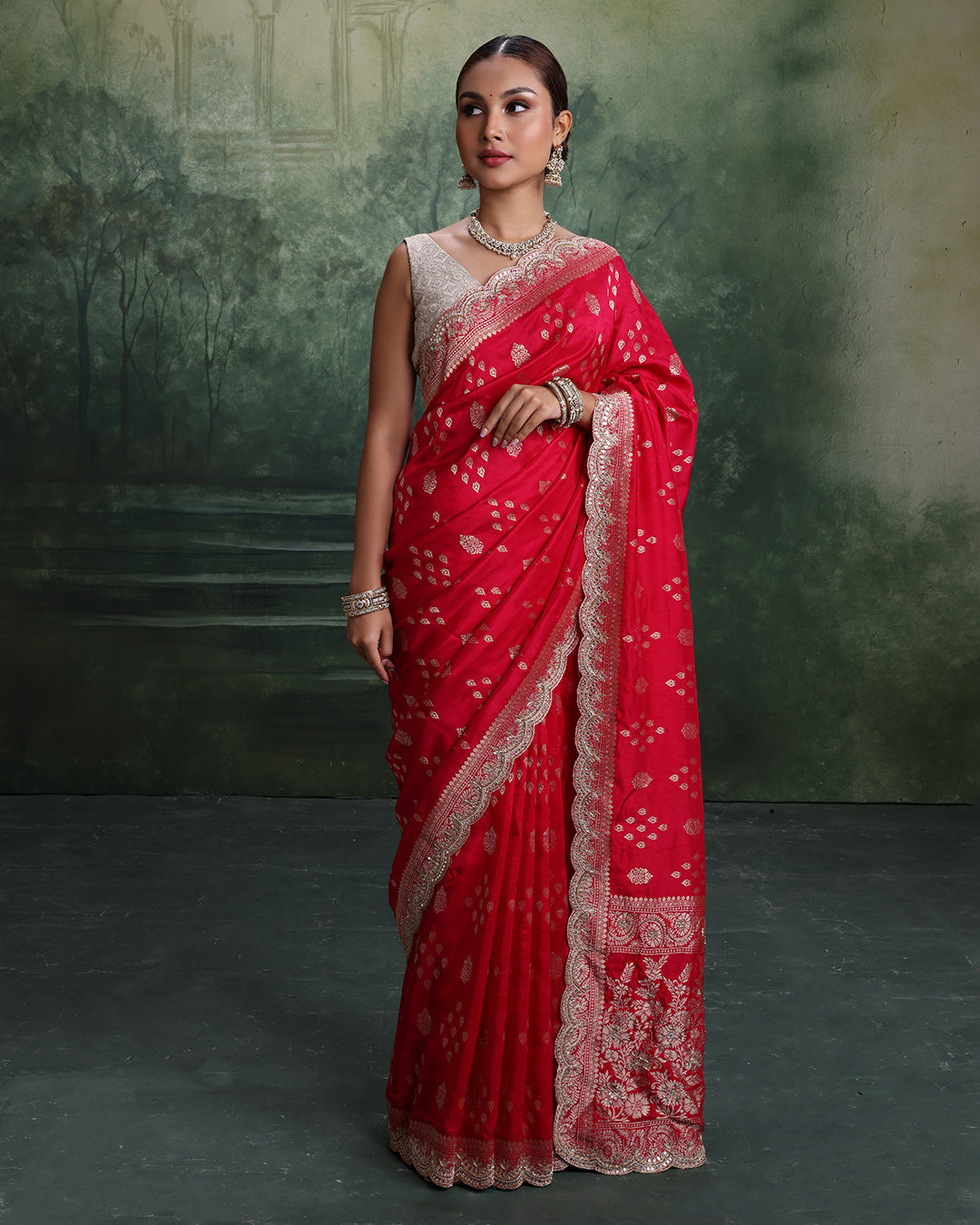 Cerisé Charm Dola Silk Scallop Edged Embroidered Saree