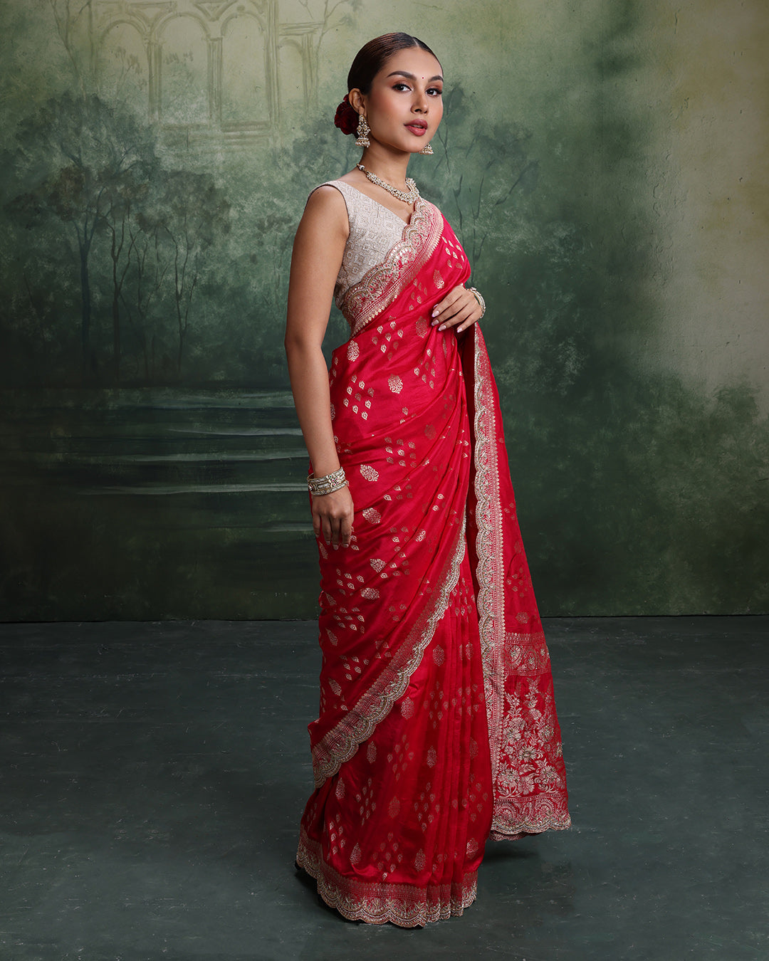 Cerisé Charm Dola Silk Scallop Edged Embroidered Saree