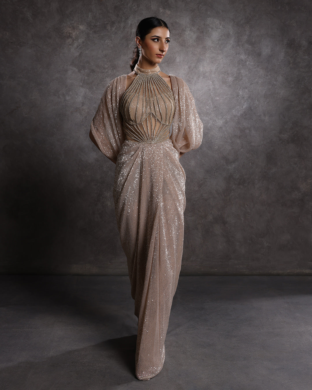 Champagne Glow Sequin Halter Neck Drape Gown