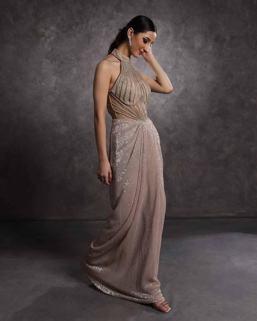 Shop Champagne Glow Sequin Halter Neck Drape Gown Online L