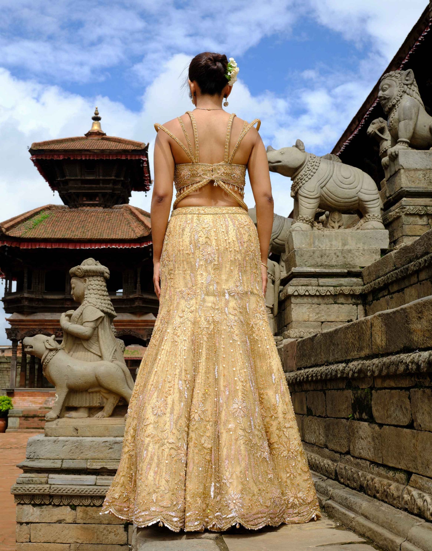 Champagne Gold Fish Cut Cocktail Lehenga