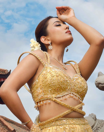 Champagne Gold Fish Cut Cocktail Lehenga