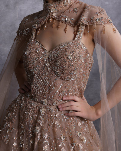 Champagne Mist Embellished Bridal Gown With Shoulder Cape