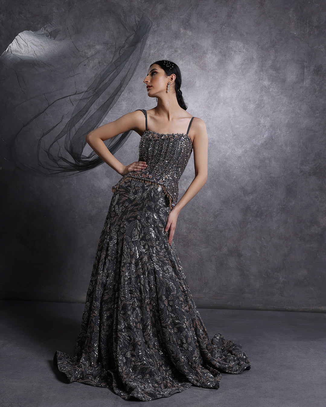 Charcoal Hues Embellished Peplum Fit And Flare Gown