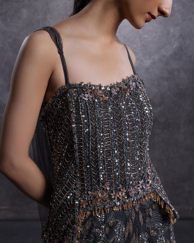 Charcoal Hues Embellished Peplum Fit And Flare Gown