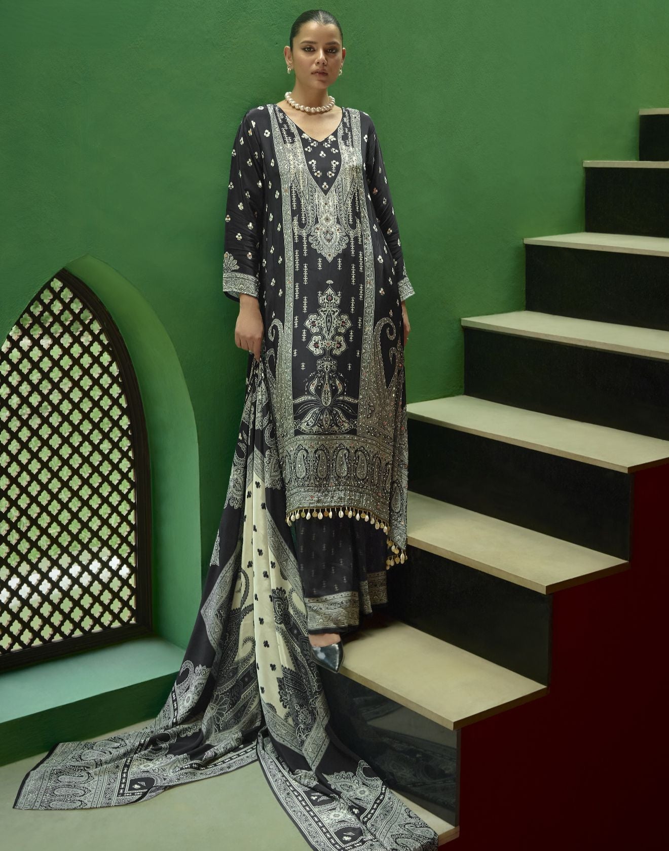 Charcoal Mist Ethnic Printed Festive Kurta Palazzo Set