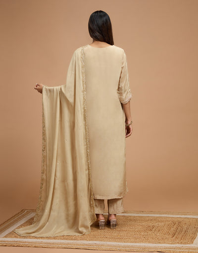 Charming Gold Crepe Silk Embroidered Unstitched Suit Set