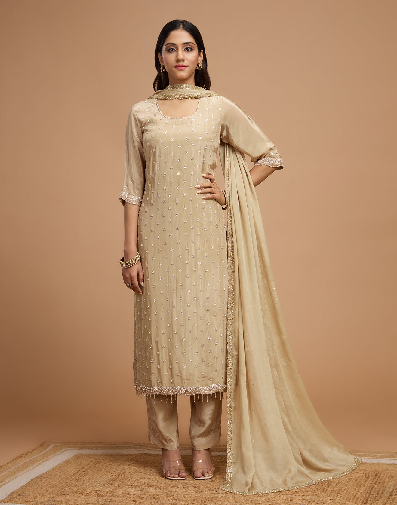 Charming Gold Crepe Silk Embroidered Unstitched Suit Set