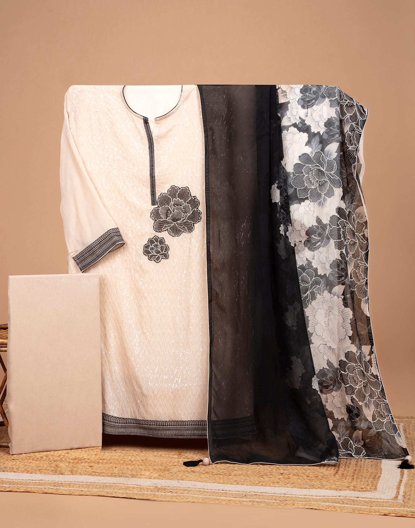 Classic Black & Ivory  Chiffon Semi-Stitched Suit Set