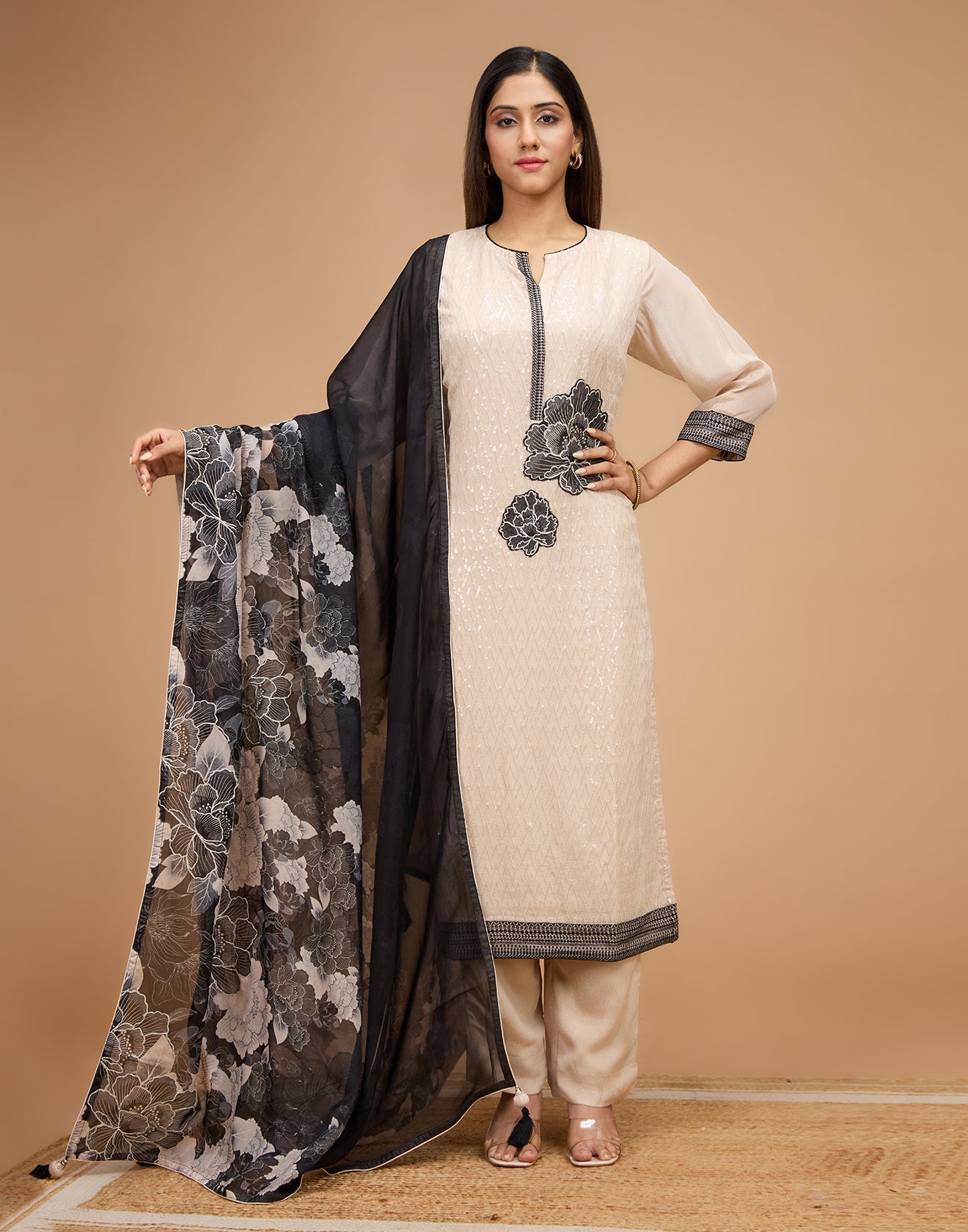Classic Black & Ivory  Chiffon Semi-Stitched Suit Set