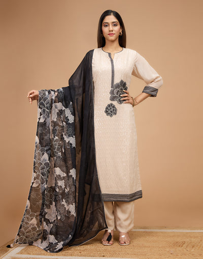Classic Black & Ivory  Chiffon Semi-Stitched Suit Set