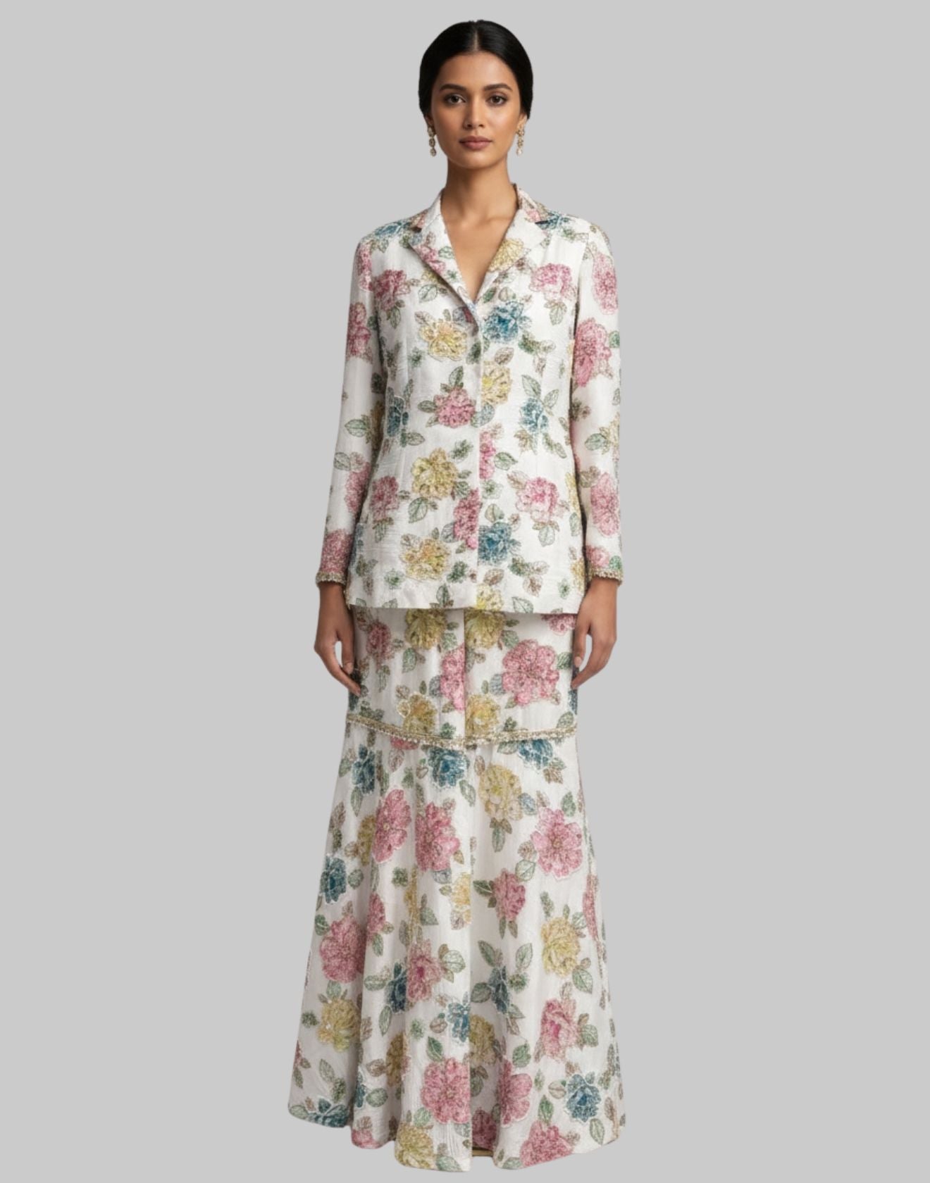 Cloud Dancer Bloom Printed Georgette Indo-Western Blazer Set