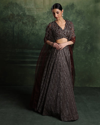 Copper Blaze Embellished Lehenga With Cape Jacket Set