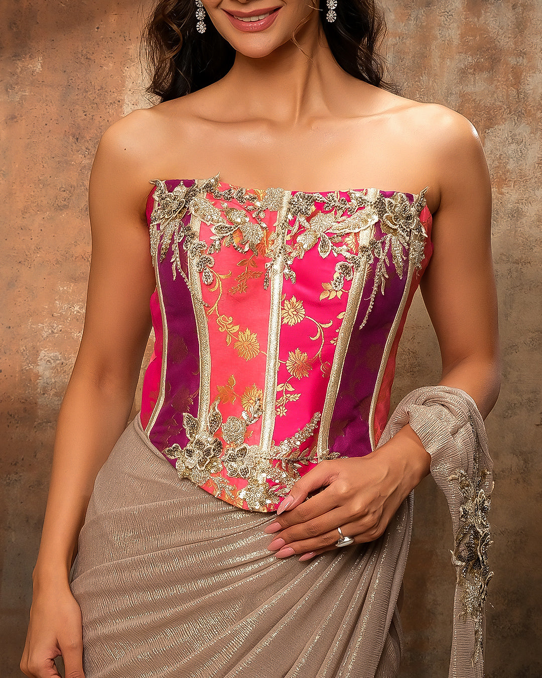 saree corset dress The Manvitha Corset & Skirt set was made using this beautiful Paithani saree  that was handcrafted into our new Moon-style corset with a gathered-high  slit skirt. The body of the saree has