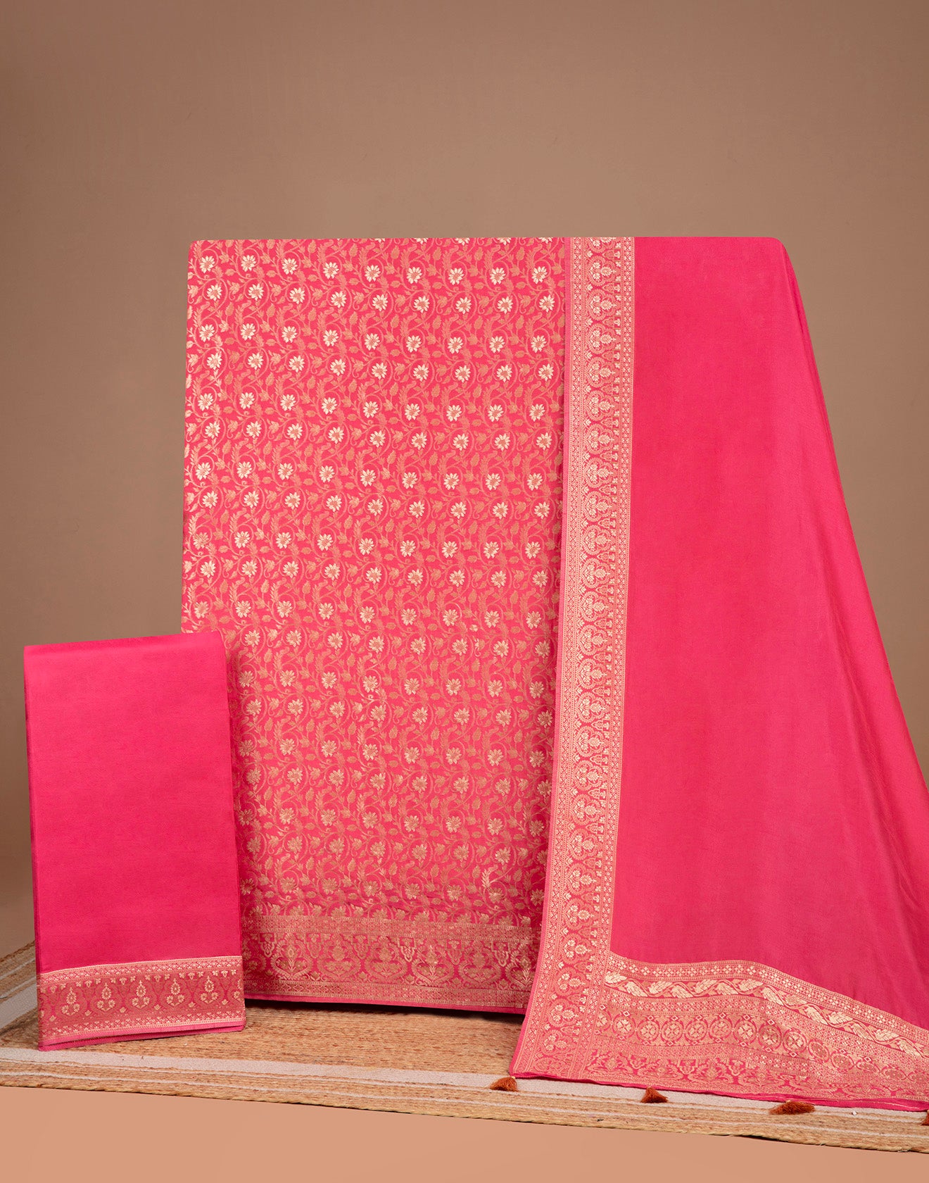 Coral Peach Banarasi Dola Silk Unstitched Suit Set