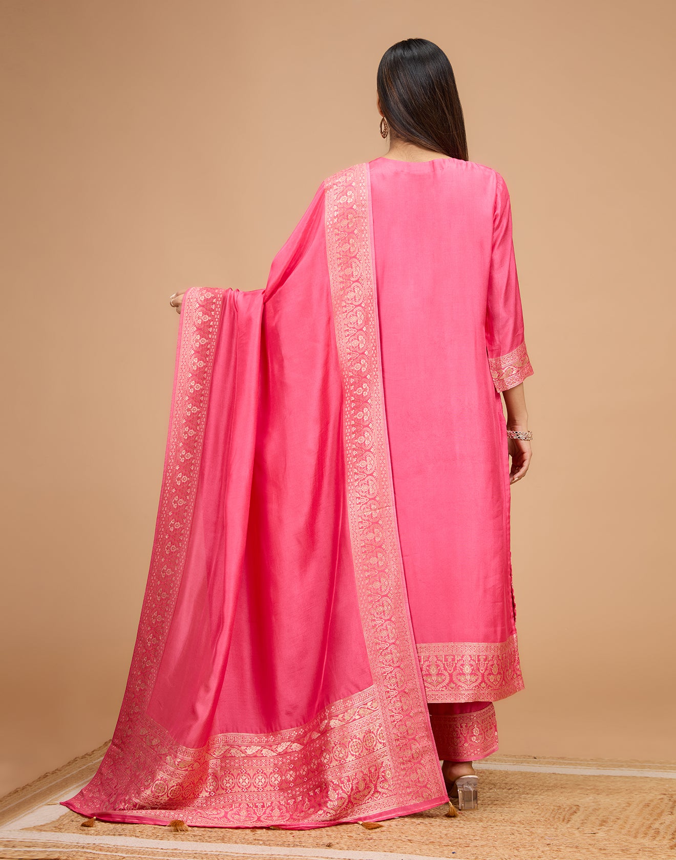 Coral Peach Banarasi Dola Silk Unstitched Suit Set