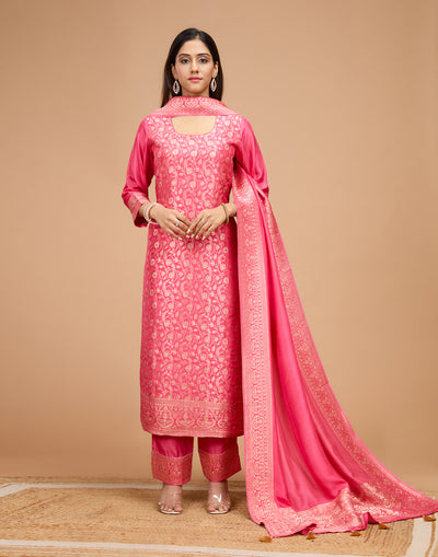 Coral Peach Banarasi Dola Silk Unstitched Suit Set