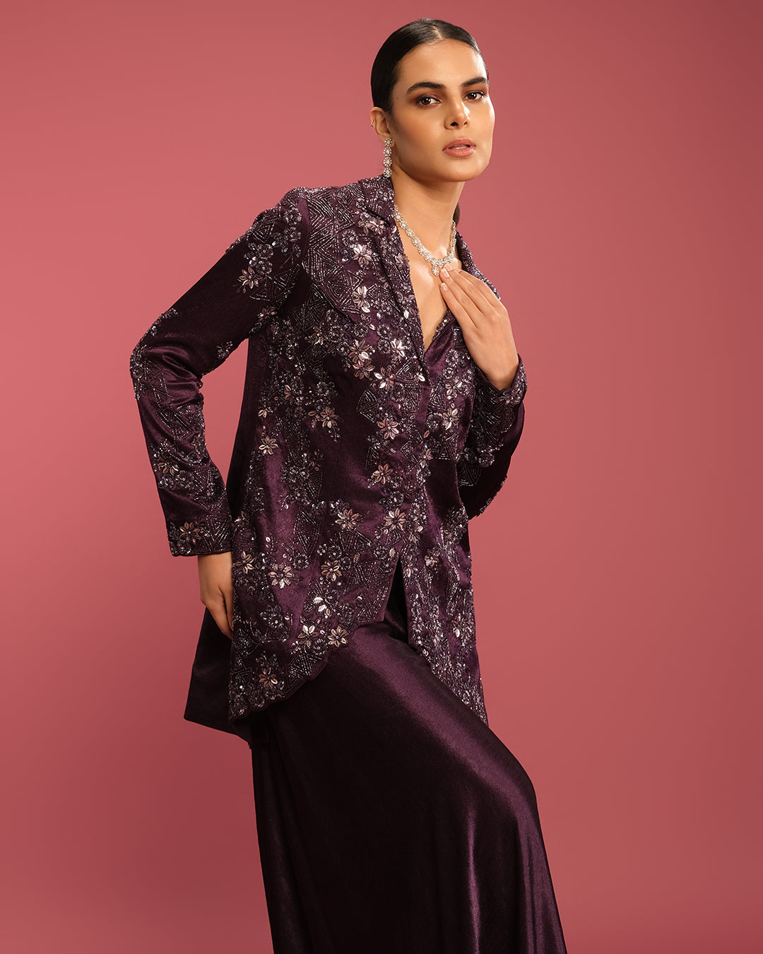 Dark Purple Glam Textured Silk Fusion Jacket Set