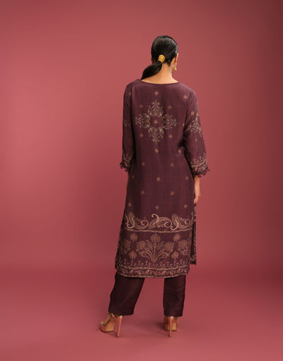 Deep Burgundy Printed Blended Silk Kurta Set