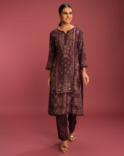 Deep Burgundy Printed Blended Silk Kurta Set
