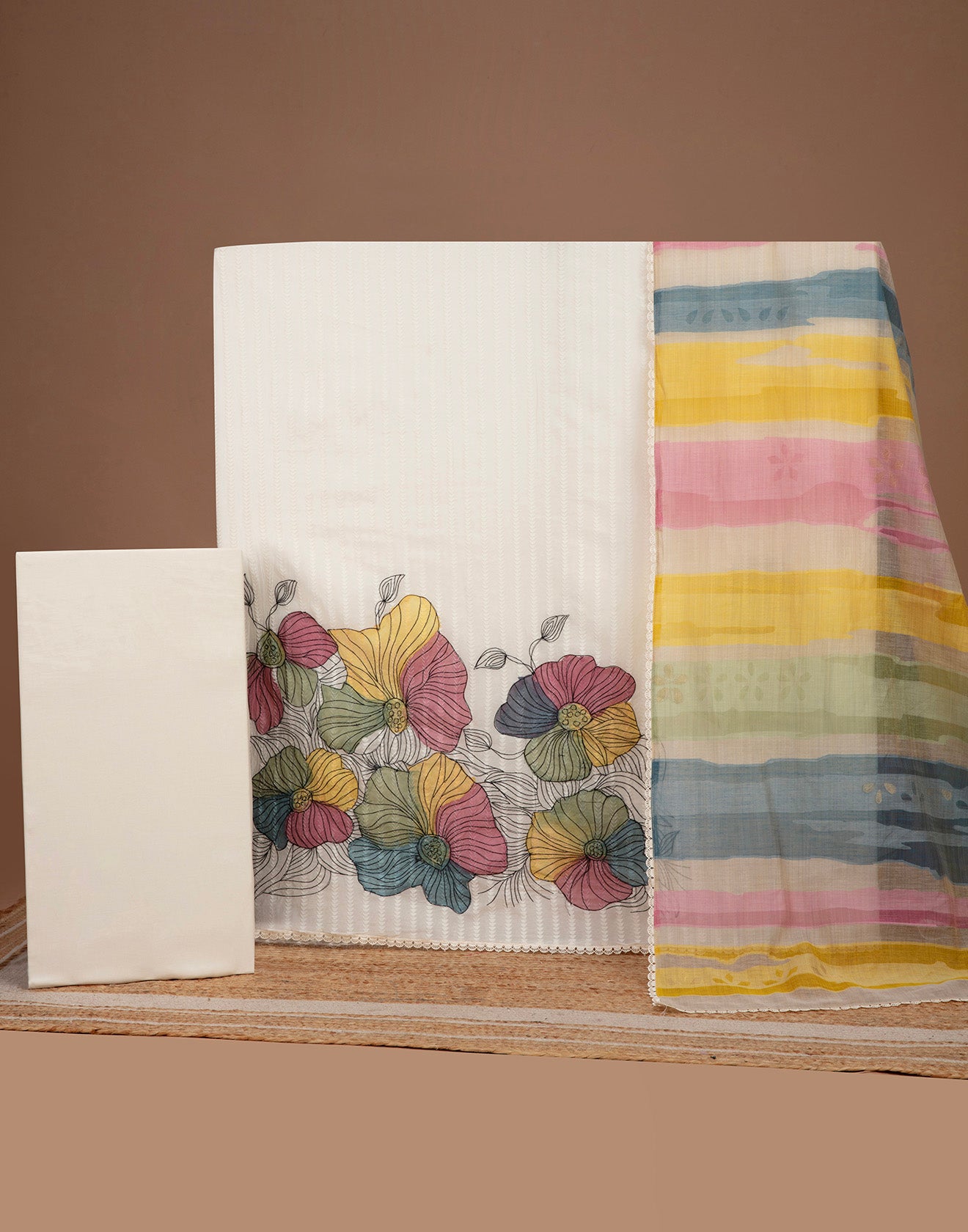 Dove White Jacquard Cotton Unstitched Suit Set With Multicolor Printed Dupatta