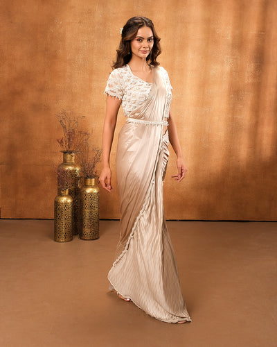 Dusky Gold Shimmer Lycra Pre-Stitched Saree