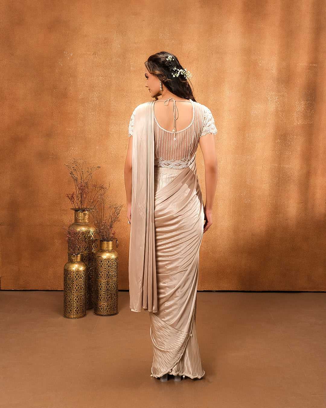 Dusky Gold Shimmer Lycra Pre-Stitched Saree