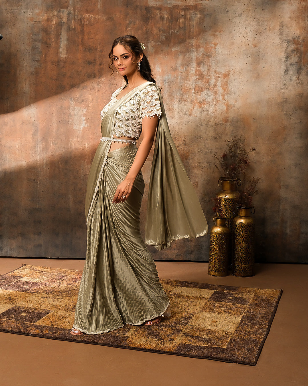 Dusky Olive Pearl Embellished Pre-Stitched Saree